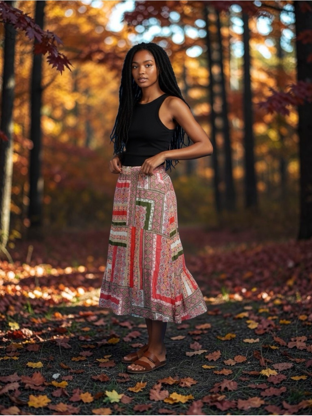 Roz & Ali Printed Midi Skirt in Coral, Green and Pink
